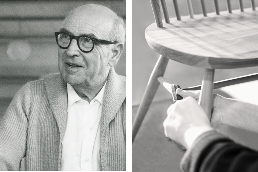 Black and white profile image of ercol's founder Lucian Ercolani, and a close up of a craftsman making an ercol chair